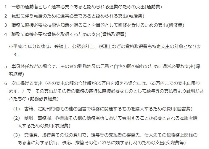 国税庁のページの特定支出控除に関して